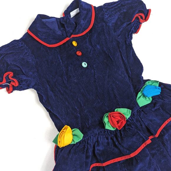 Vtg Dress Girls Sz 2T Navy Corduroy Flowers Party 80s 90s Wide Wale Classic - Picture 2 of 4